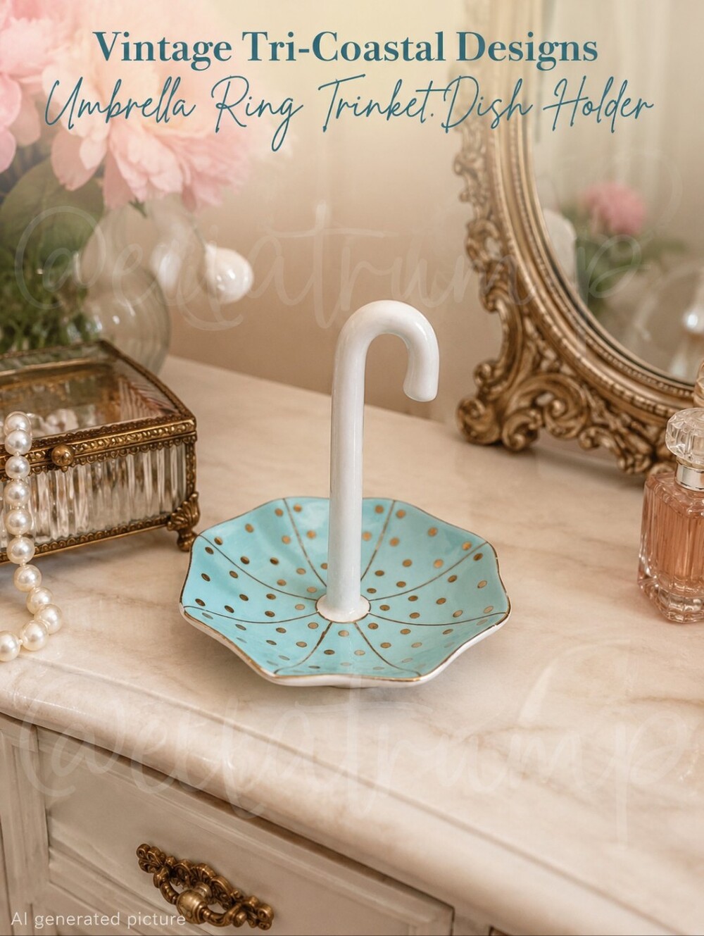 Vtg. Tri-Coastal Designs Aqua Gold White Umbrella Ring Dish Holder